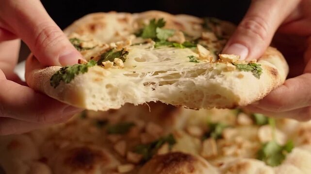 Hands tear cheesy flatbread with herbs, stretching melted cheese. Fresh baked bread. Homemade cooking and food preparation. Savory snack, appetizer.