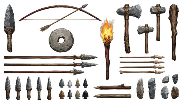 Stone age prehistoric weapons and tools vector illustration set. Ax, bow, arrow, spear, torch, flint, rock.