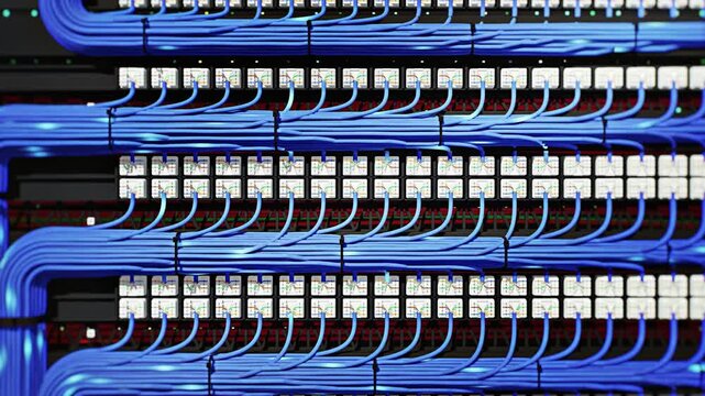Rows of Ethernet Patch Panels with Blue Cabling and Data Pulses