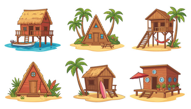Tropical beach wooden bungalows and huts vector set. Palm trees, surfboard, hammock, umbrella, boat, island, summer resort, vacation and exotic coastal cabins.