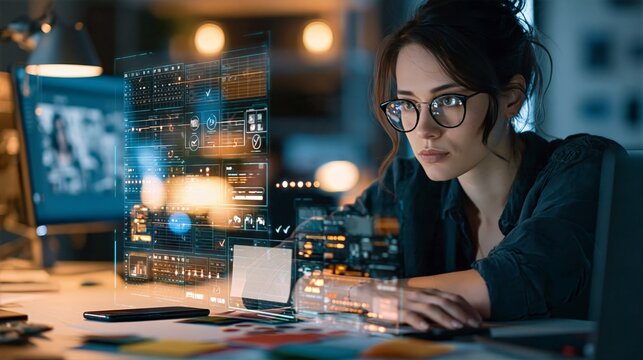 Marketing Strategist Reviewing Scheduled Campaign Assets with Holographic Interface
