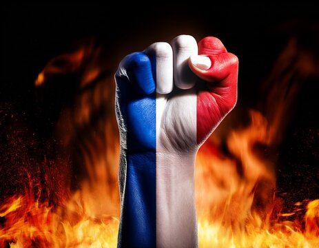 fist raising with blurred france flag on fire