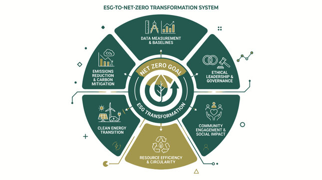 Circular vector infographic illustrating ESG to net zero transformation system featuring six key segments including data measurement, ethical governance, social impact, resource circularity