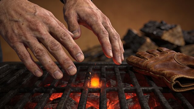 Hovering worker hands warming above glowing coals on iron grate, with dark cuff and leather glove