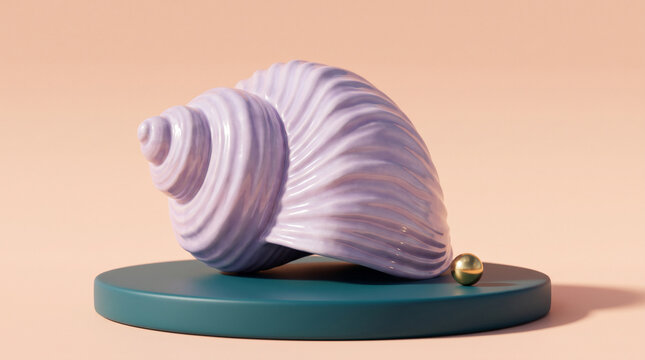 Glossy lavender conch seashell resting gracefully on a dark teal cylindrical studio pedestal platform
