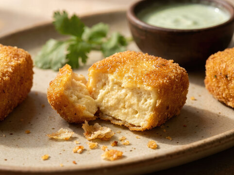 Golden crispy paneer cheese bites with a soft, creamy interior served with mint yogurt dip and fresh herbs. Close-up of a delicious Indian vegetarian appetizer