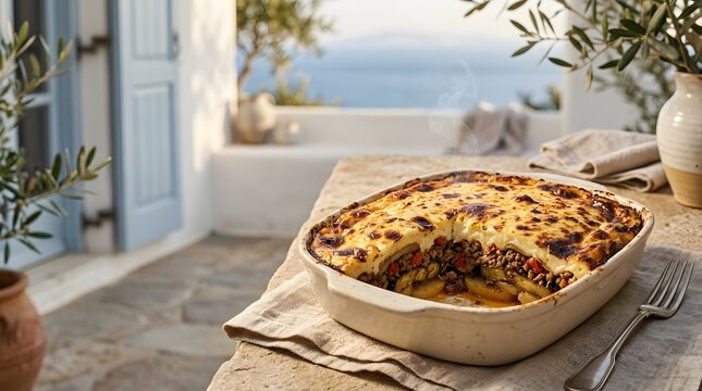 A baked moussaka dish with visible layers of potato meat and b chamel sauce sits on a rustic