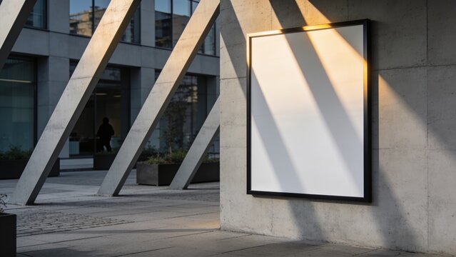 Displaying blank poster frame catching low sunlight at urban plaza with diagonal beams, copy space