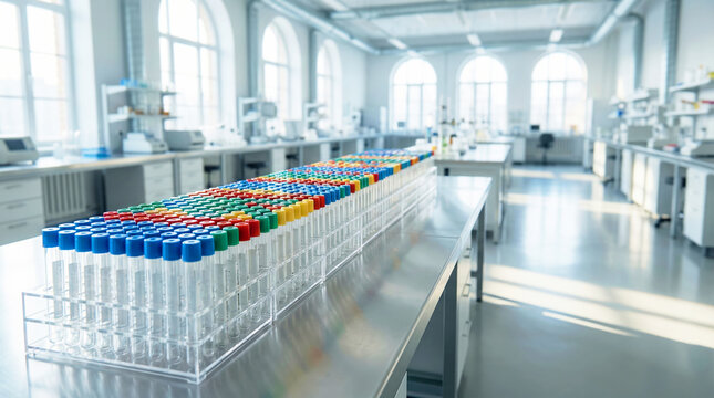 Rows of test tubes with colorful caps in racks on laboratory bench, scientific research and sample testing concept
