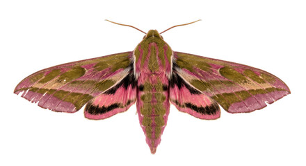 Pink and olive green elephant hawk-moth with outstretched wings isolated on black background © Ophelia