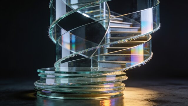 Showing glass spiral sculpture with stacked discs spiraling core column on dark table