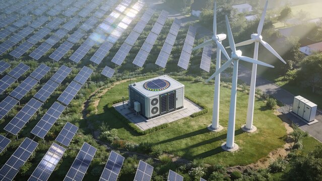Showing renewable energy site centered in field with solar panels, three wind turbines, transformer