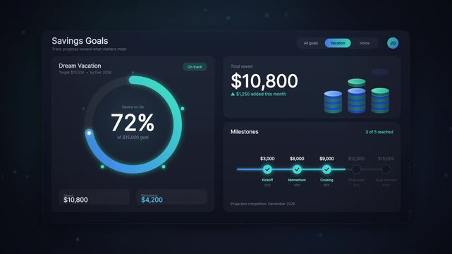 Interactive Dark Theme Savings Goals UI Animation Displaying Target Progress Donut Chart, Coin Stack Visual, and Financial Milestones