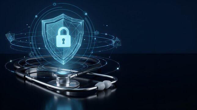 Stethoscope with glowing blue shield and padlock hologram representing healthcare data security and patient privacy