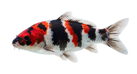 Colorful red, black, and white koi carp isolated against a solid black background © Ophelia