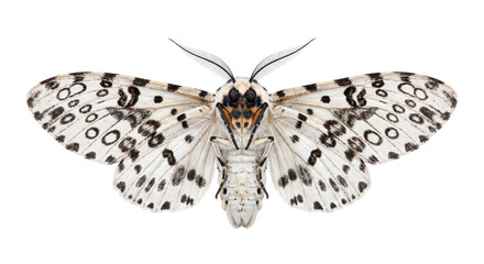 White moth with intricate black spots displayed with wings fully spread on a dark background © Ophelia