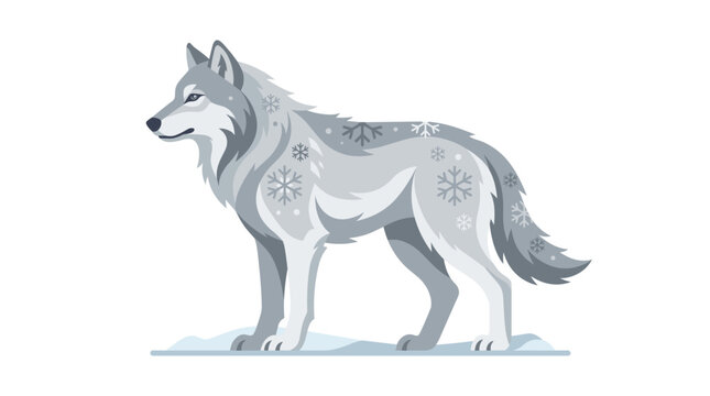 Flat design vector illustration of a majestic grey wolf standing on a snow patch, featuring stylized snowflake patterns on its fur, isolated on a white background for winter concepts.