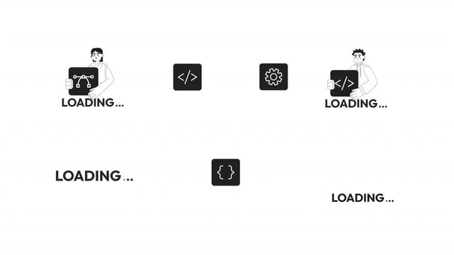 Programming tools and web developer loading black and white line animation pack. Software creation. Frontend designer. Coding brackets, settings animated outline 4K video set on transparent background