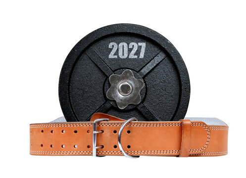 Dumbbell with belt isolated on a transparent PNG background. Resolutions for the New Year 2027.	