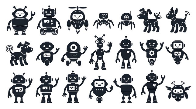 Collection of cute robot and android mascot black silhouette icons set
