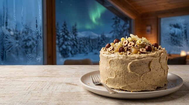 A frosted hazelnut cake sits on a plate with a fork displayed against a winter landscape