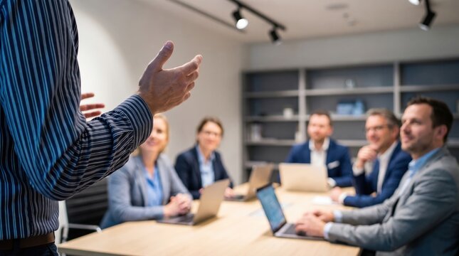 Speaker addressing business meeting with attentive colleagues gathered around conference table, fostering collaboration and professional discussion in modern office setting