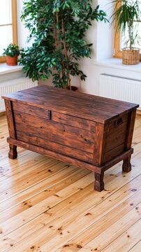 Rustic wooden chest rests on a polished wooden floor with a large plant nearby.