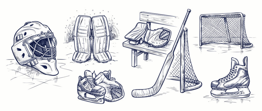 Ice hockey equipment sketch set with goalie mask, leg pads, stick, net, skates, and bench illustration. Vintage hand drawn engraving line art collection for winter sports vector design elements.