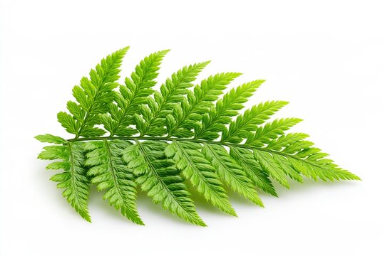 Vibrant green fern frond rests on a clean white surface.