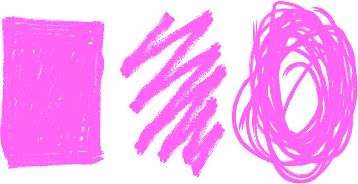 Pink grunge brush strokes, textured rectangle, zigzag lines, and messy circular scribble elements vector set