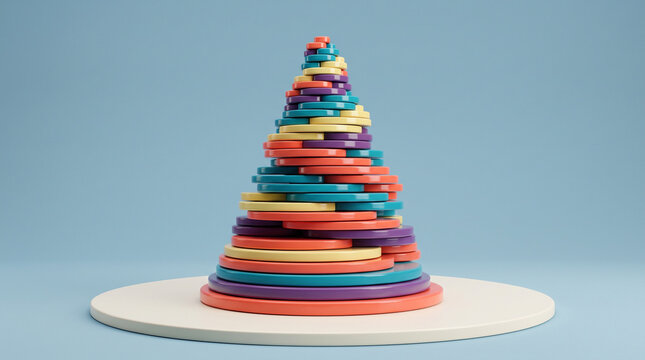 Vibrant multicolored plastic tokens stacked symmetrically forming a conical tower against solid blue background