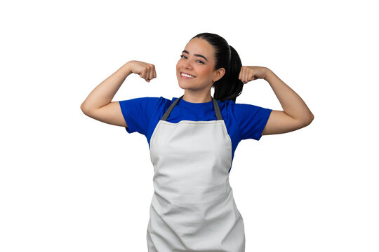 Smiling latina woman wearing an apron showing strength and confidence