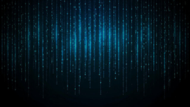 Digital binary code matrix glowing with futuristic blue light effects