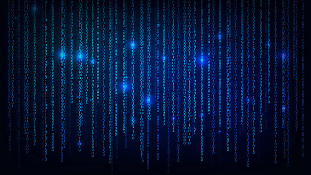 Digital binary code matrix with glowing blue light accents transparent background