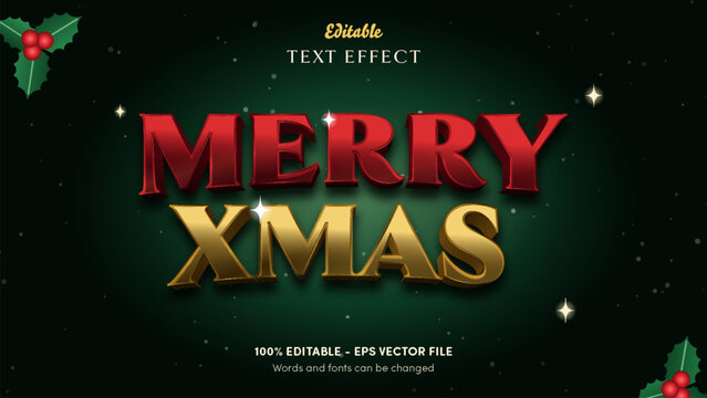 Merry Xmas editable text effect with red lacquer serif caps over a polished gold line, both in deep 3d