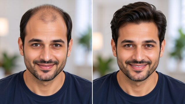 Side-by-side portrait of an adult man comparing thinning hair before and fuller dark hair after a grooming or restoration change, presented indoors with a softly blurred background.