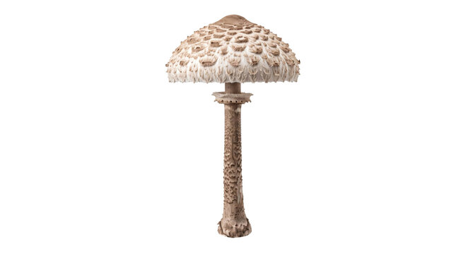 Tall scaly parasol mushroom with a broad umbrella cap isolated on a black background
