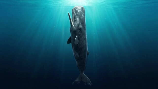Giant Sperm Whale Swimming Vertically Upward Toward Ocean Surface Sunbeams in Deep Blue Water, Seamless Loop 3D Animation