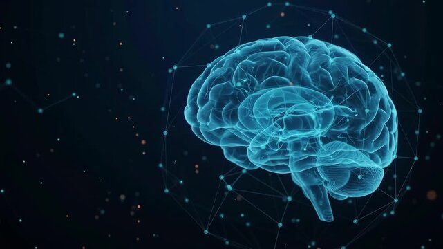 Futuristic Glowing Human Brain with Neural Network Connections Floating in Cosmic Space Background