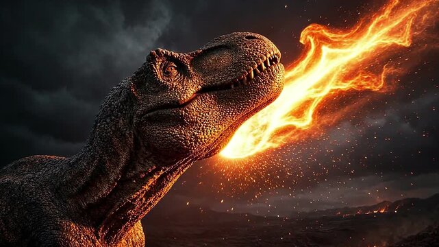 A T-Rex looks up as a fiery meteor streaks across the dark, cloudy sky, roaring dramatically as the blazing projectile draws near.
