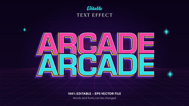 80s synthwave arcade text effect, editable hot pink and cyan letters with yellow 3d step and violet trails