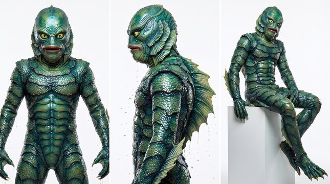 Halloween monster Green amphibious sea monster with detailed scales, fins and yellow eyes posing as a fantasy Halloween character against a white studio background.