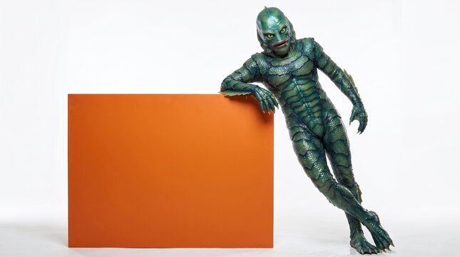 Halloween monster Green amphibious sea monster with detailed scales, fins and yellow eyes posing as a fantasy Halloween character against a white studio background.