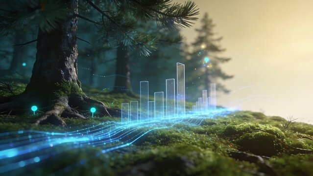 Forest floor data stream and bar chart in morning light.