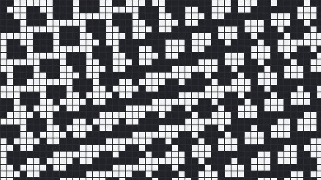 Seamless monochrome pixel grid pattern looping on a dark background with white square elements arranged in an irregular abstract design.
