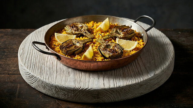 Copper pan of saffron rice and artichokes