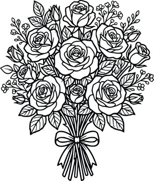 Beautiful rose flower bouquet line art illustration for coloring book page.eps