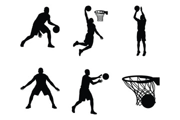 Basketball vector silhouettes of dribbling player, slam dunk and jump shot, isolated on white background © YouthArt