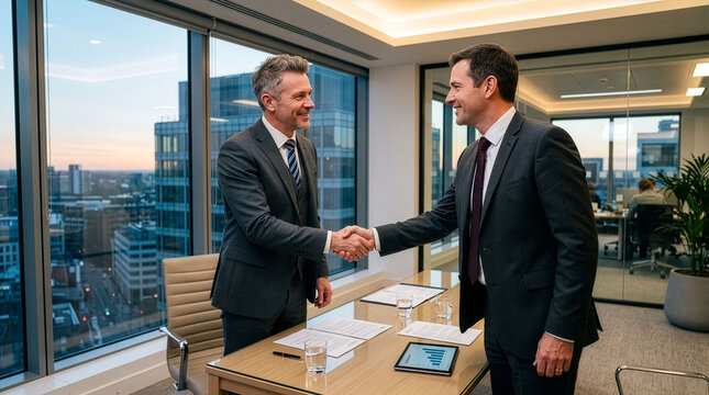 Two Businessmen Shaking Hands in Office with City View. 