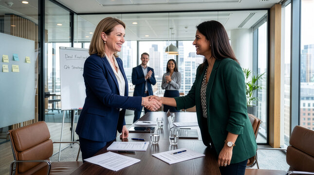 Two Businesswomen Shaking Hands in Office Conference Room. 